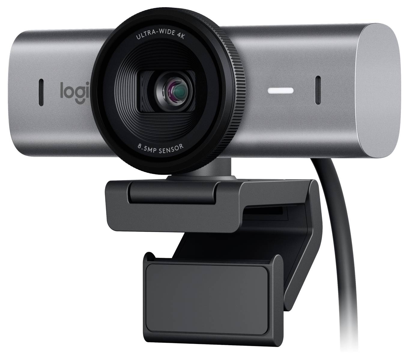 Štíhla sivá webkamera s nápisom 'Ultra-Wide 4K' a '8.5MP Snímač' na objektíve, navrhnutá pre streamovanie videa vo vysokom rozlíšení.