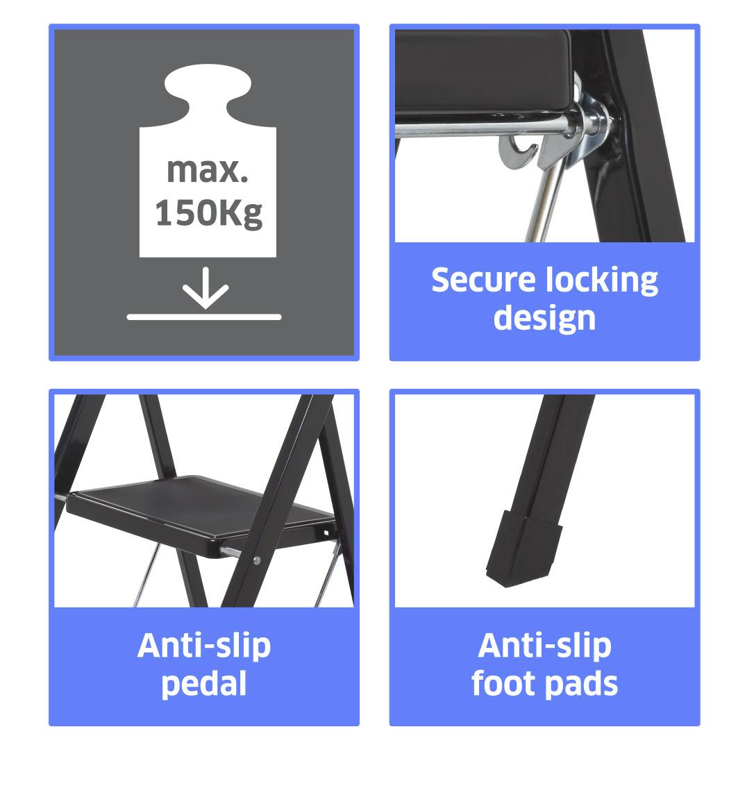 Infografika znázorňujúca vlastnosti rebríka: 'max. 150 kg' nosnosť, bezpečný zaisťovací mechanizmus, protišmykový stupeň a protišmykové podložky na spodnej strane.