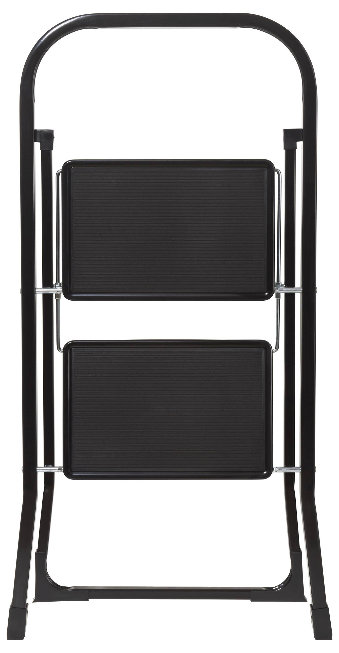 Čierna skladacia dvojstupňová stolička s obdĺžnikovým rámom, určená do domácnosti alebo kancelárie.