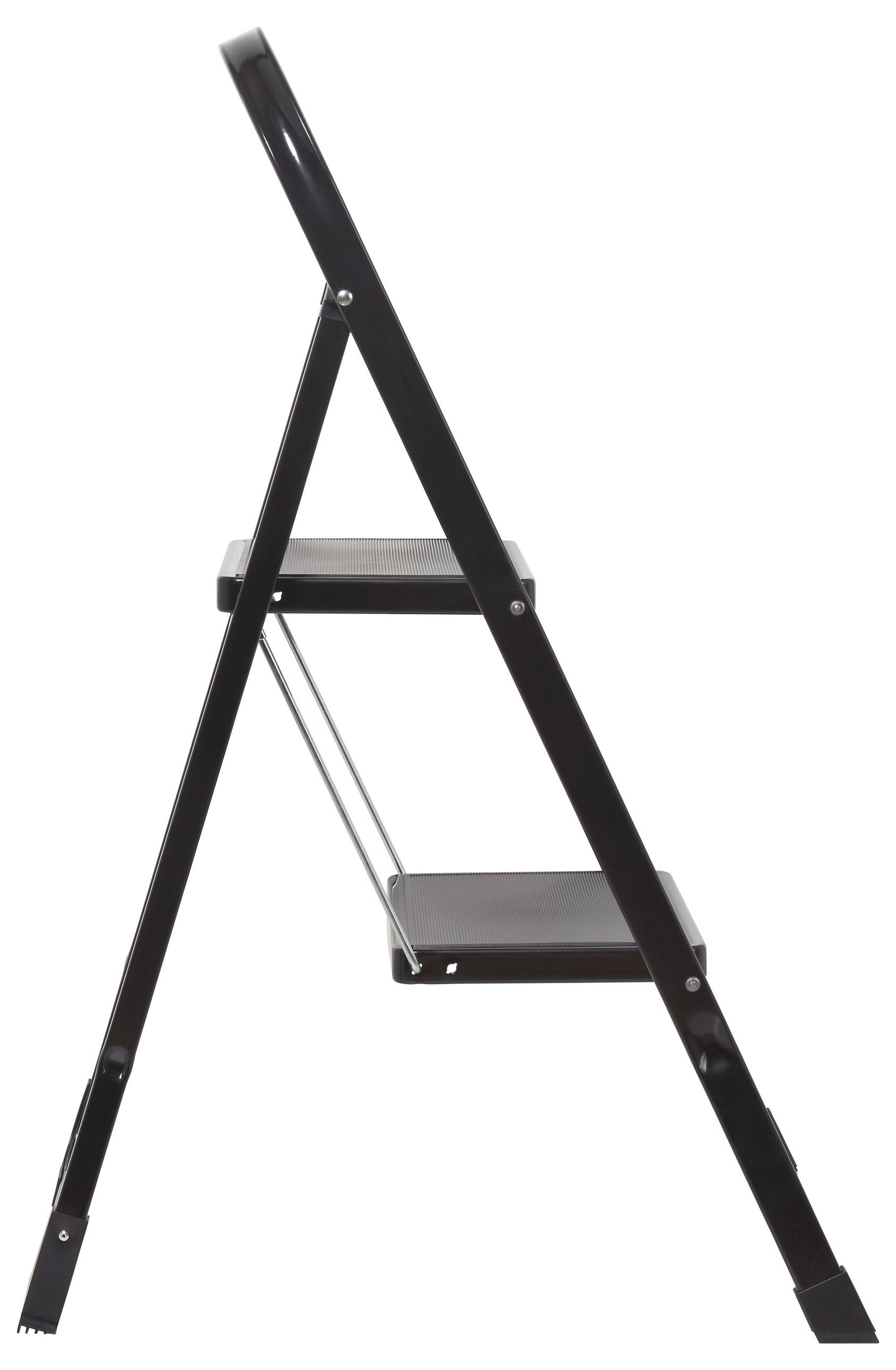 Čierne dvojstupňové skladacie rebríky s kovovým rámom, zobrazené v bočnom profile.