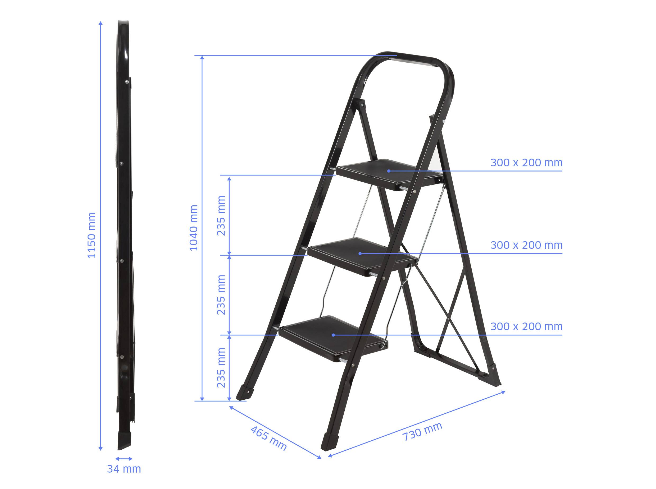 Čierna trojstupňový rebrík s rozmermi: výška 1150 mm, šírka stupňa 300 mm a celková šírka 465 mm. Medzery medzi stupňami sú 235 mm.