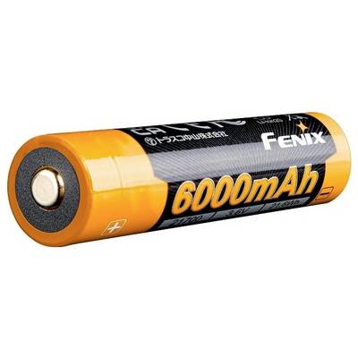 Oranžová valcovitá batéria označená "Fenix 6000mAh" s viditelnými kladnými a zápornými kontaktmi.