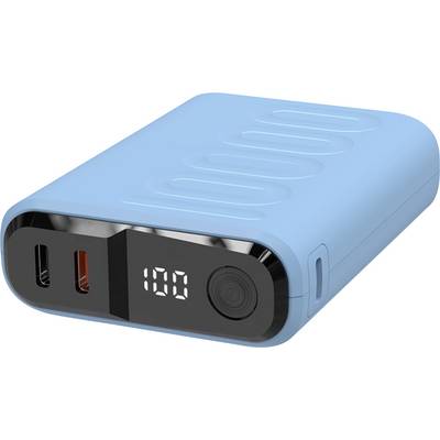 Modrá prenosná powerbanka s digitálnym displejom zobrazujúcim '100'. Na boku má dva USB porty pre nabíjanie zariadení.