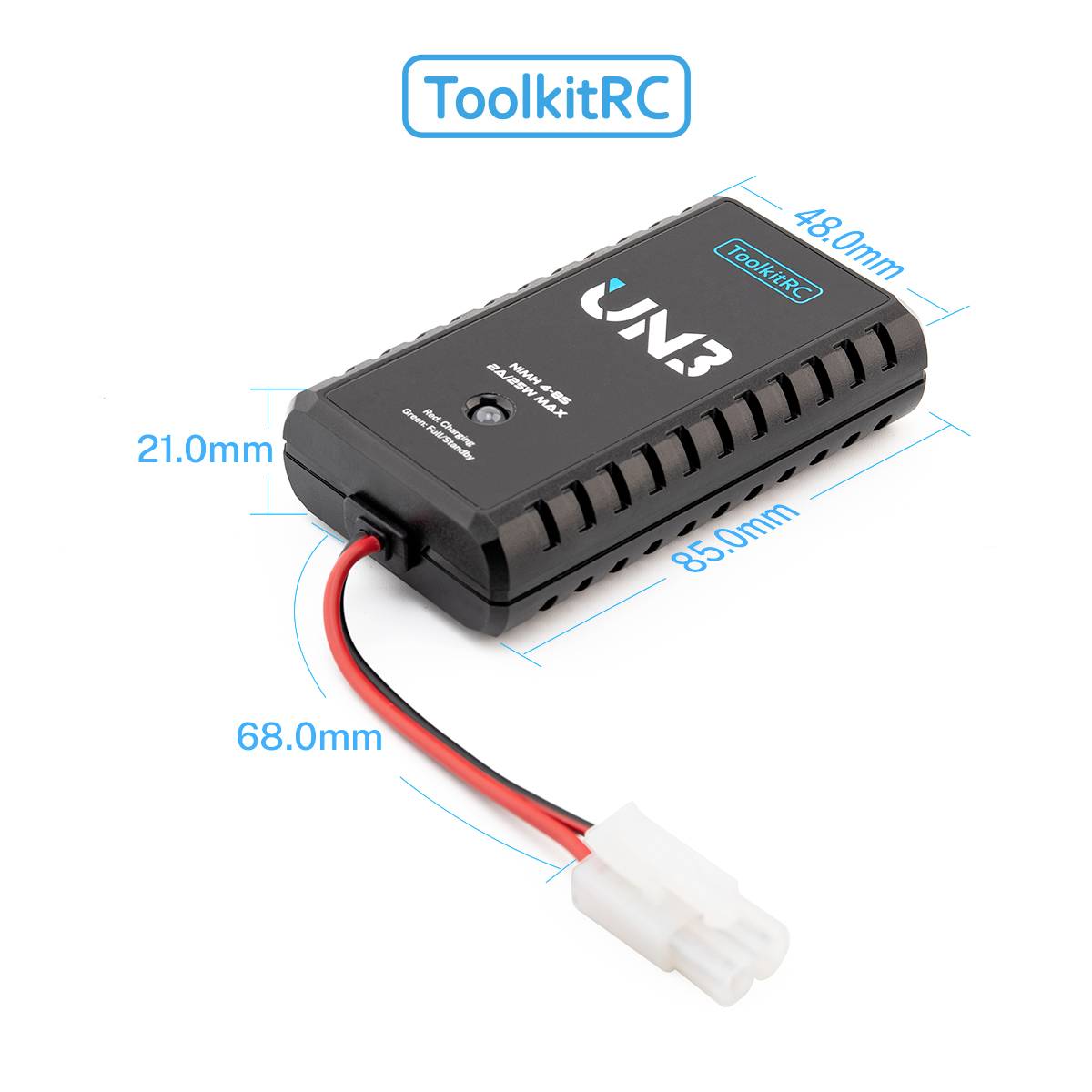 Batériový pack ToolkitRC označený ako '1V2', s rozmermi 85,0 mm x 48,0 mm x 21,0 mm, s 68,0 mm dlhým pripojovacím vodičom.