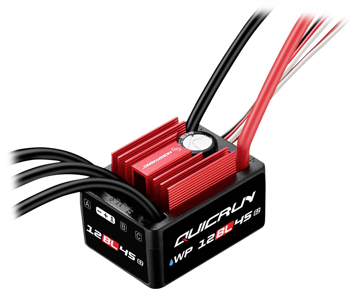 „Čierny a červený QuicRun WP 1625 BL elektronický regulátor rýchlosti (ESC) s viacerými pripojenými vodičmi, na ktorého kryte sú viditeľné firemné logo a informácie o modeli."