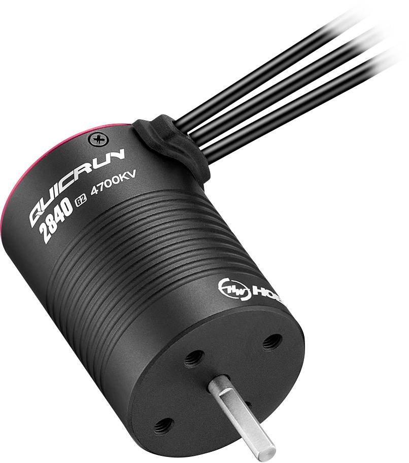 Čierny senzorový bezkartáčový motor Hobbywing Quicrun 2840 4700KV so štyrmi vyčnievajúcimi vodičmi je zobrazený.