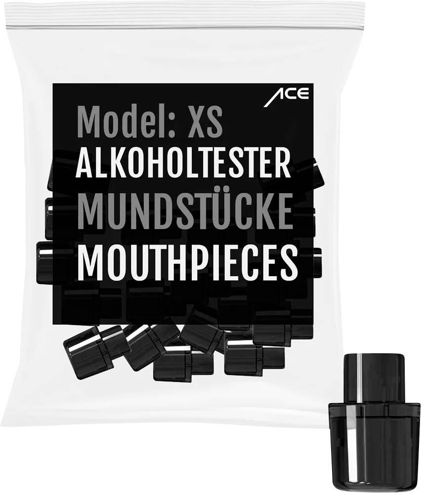 Plastové náustky pre alkohol testery modelu XS v priehľadnom obale s čiernym textom, používané pre dychové testery.