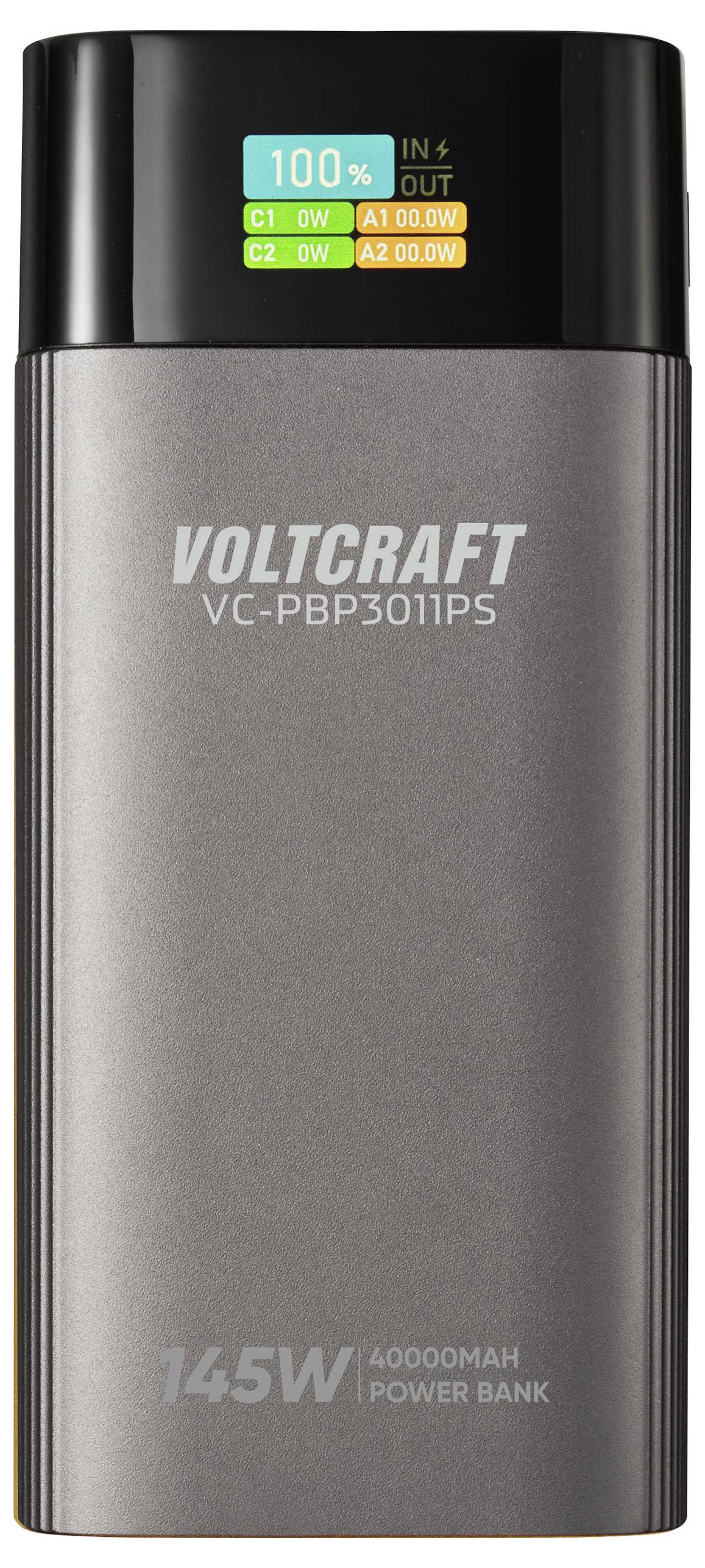 Kovová powerbanka Voltcraft s modelom 'VC-PBP3011PS'. Displej zobrazuje '100%' nabíjanie so vstupnými a výstupnými úrovňami. Text: '145W 40000mAh POWER BANKA'.
