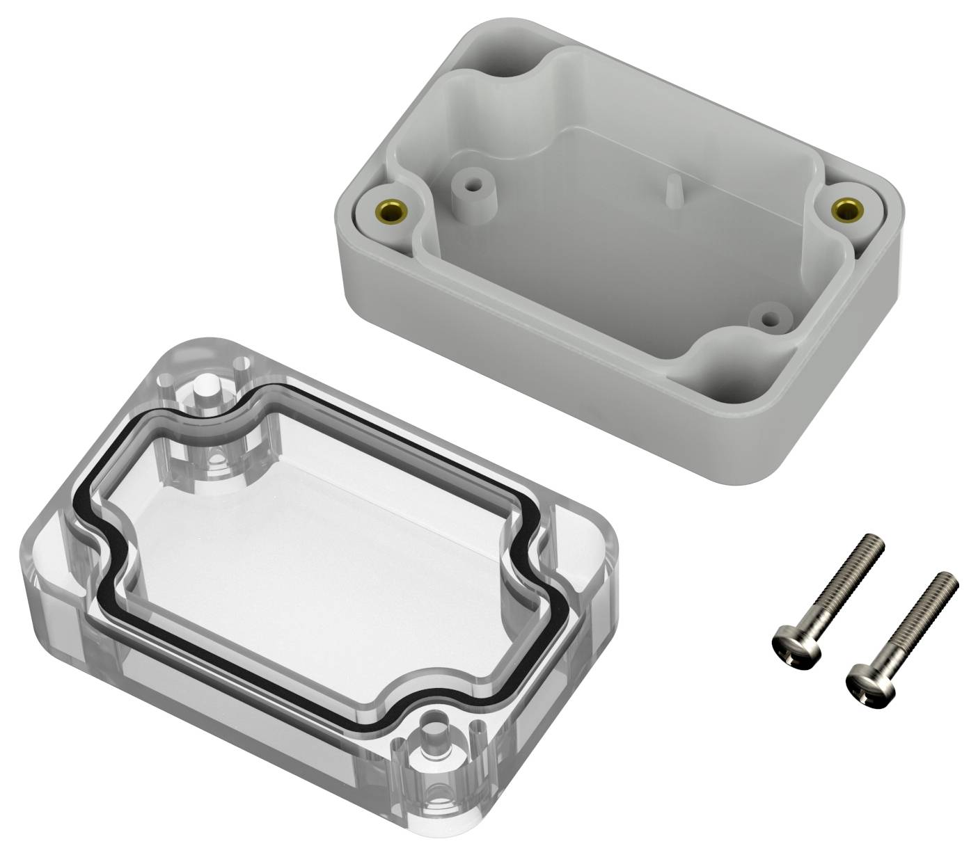 Malá, sivá elektrická rozvodná skrinka s priehľadným krytom a dvomi skrutkami.