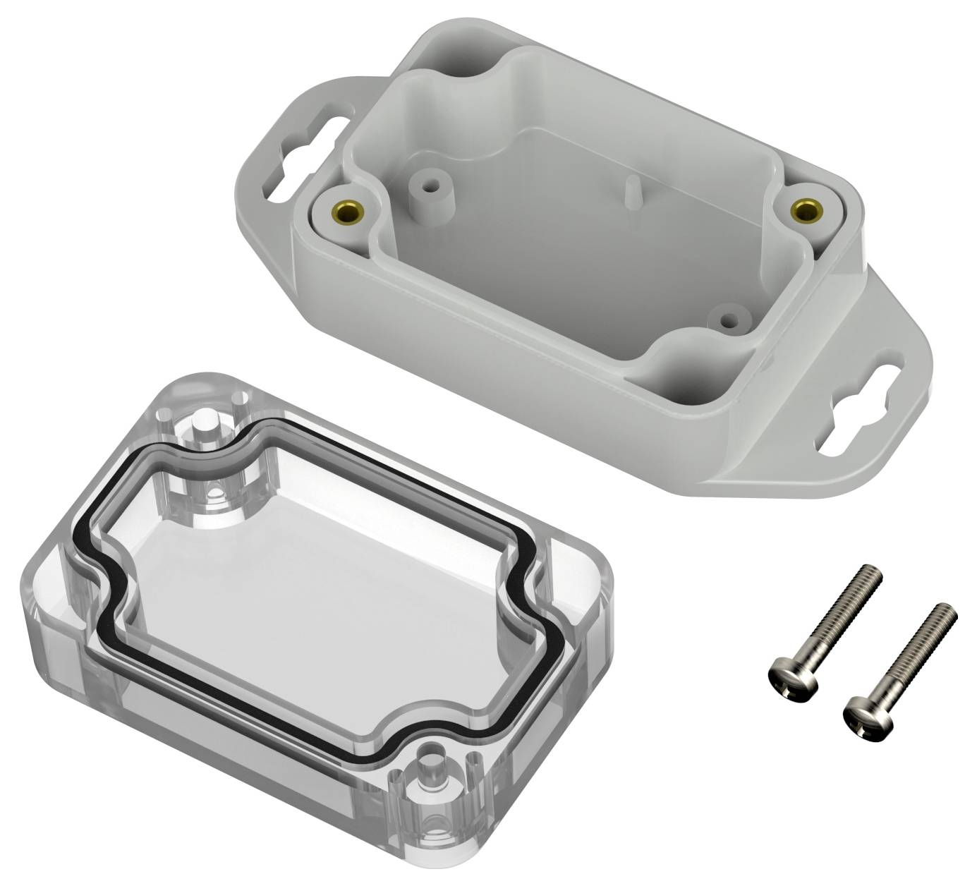 Plastová elektrická rozvodná krabica s otvoreným vekom, ktorá má montážne otvory a vrátane tesniacej tesniacej gumičky. Vedľa krabice sú dva skrutky.