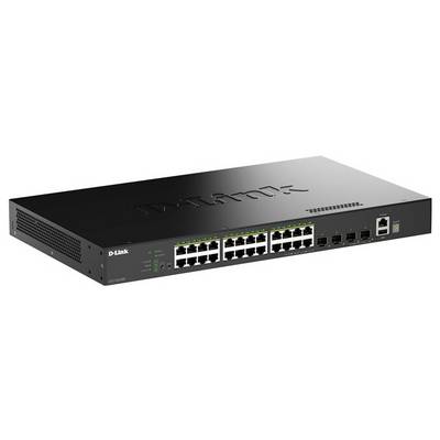 Sieťový prepínač D-Link s 24 ethernetovými portami a indikačnými LED svetlami, používaný na pripojenie viacerých zariadení do siete.