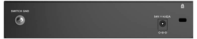 Čelný pohľad na čierny elektronický prístroj s označením 'SWITCH GND' vľavo a napájacím vstupom označeným '54V 4.62A' vpravo.