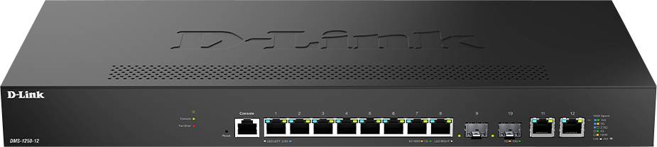 Čierny sieťový prepínač D-Link s dvanástimi ethernetovými portami a dvomi SFP portami na prednom paneli, používaný na pripájanie viacerých zariadení v sieti.