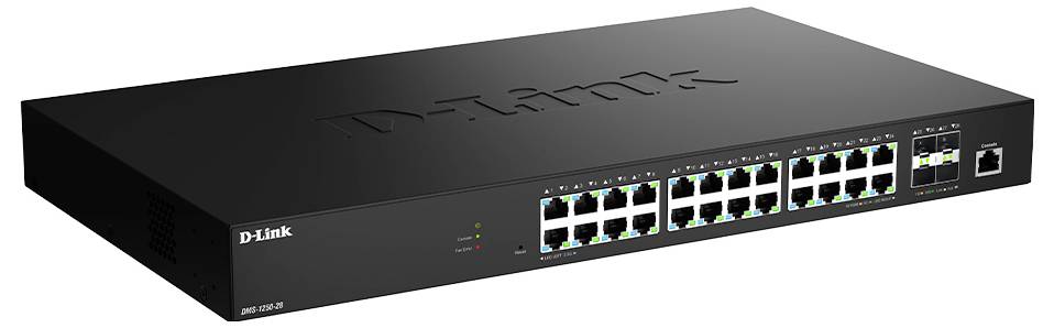 Sieťový prepínač D-Link model DGS-1024C s 24 ethernetovými portami a LED indikátormi na prednom paneli, používaný na sieťové pripojenie.
