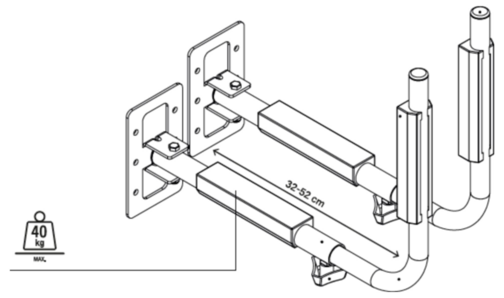 Diagram nástenného paralelu s dvoma podpornými konzolami a podlahovými trubkami, označený maximálnym zaťažením 40 kg a nastaviteľnou dĺžkou 32-52 cm.