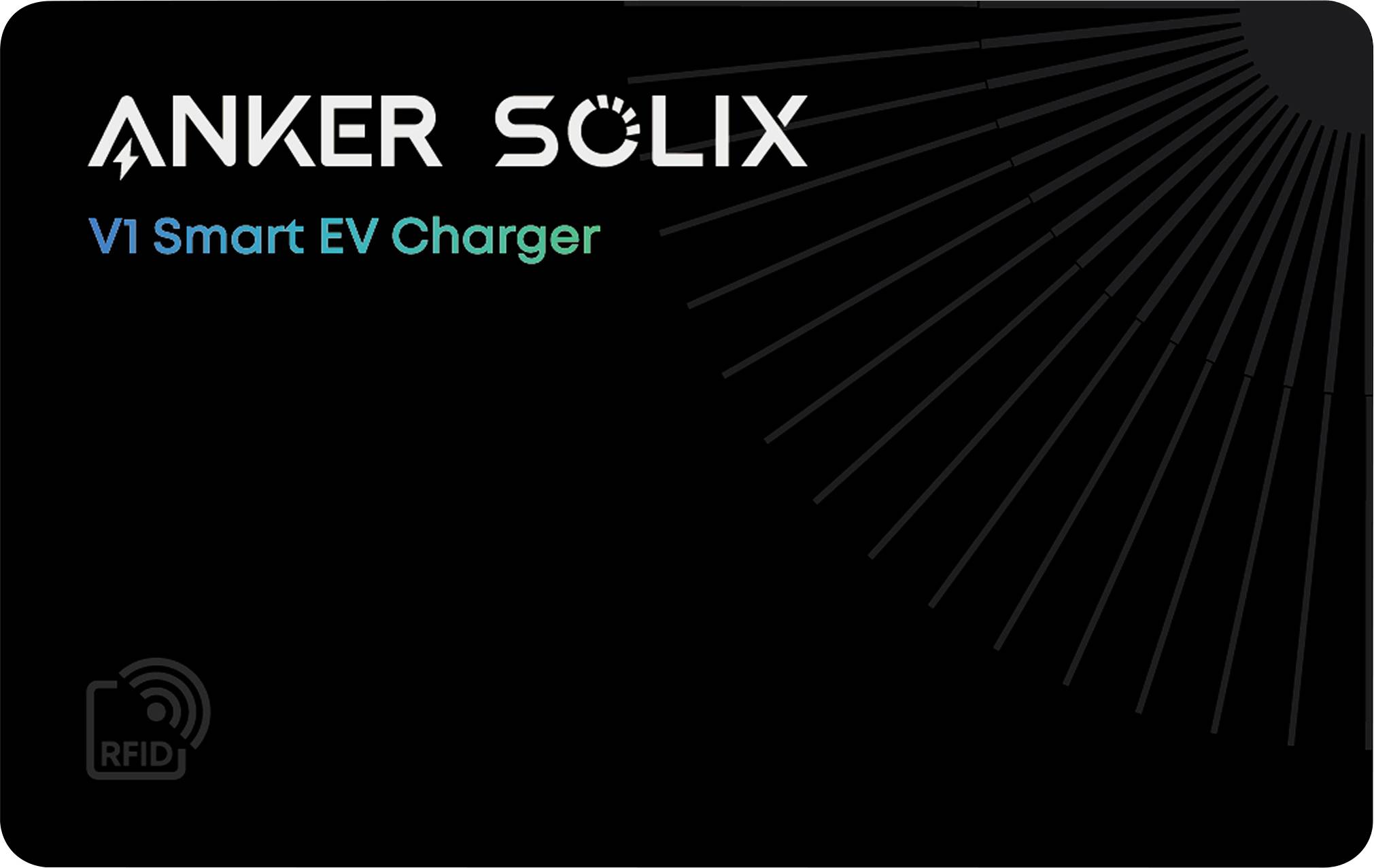 'Anker Solix V1 Inteligentná EV Nabíjačka' na čiernom pozadí, s vyžarujúcim líniovým dizajnom vpravo a ikonou RFID v ľavom dolnom rohu.