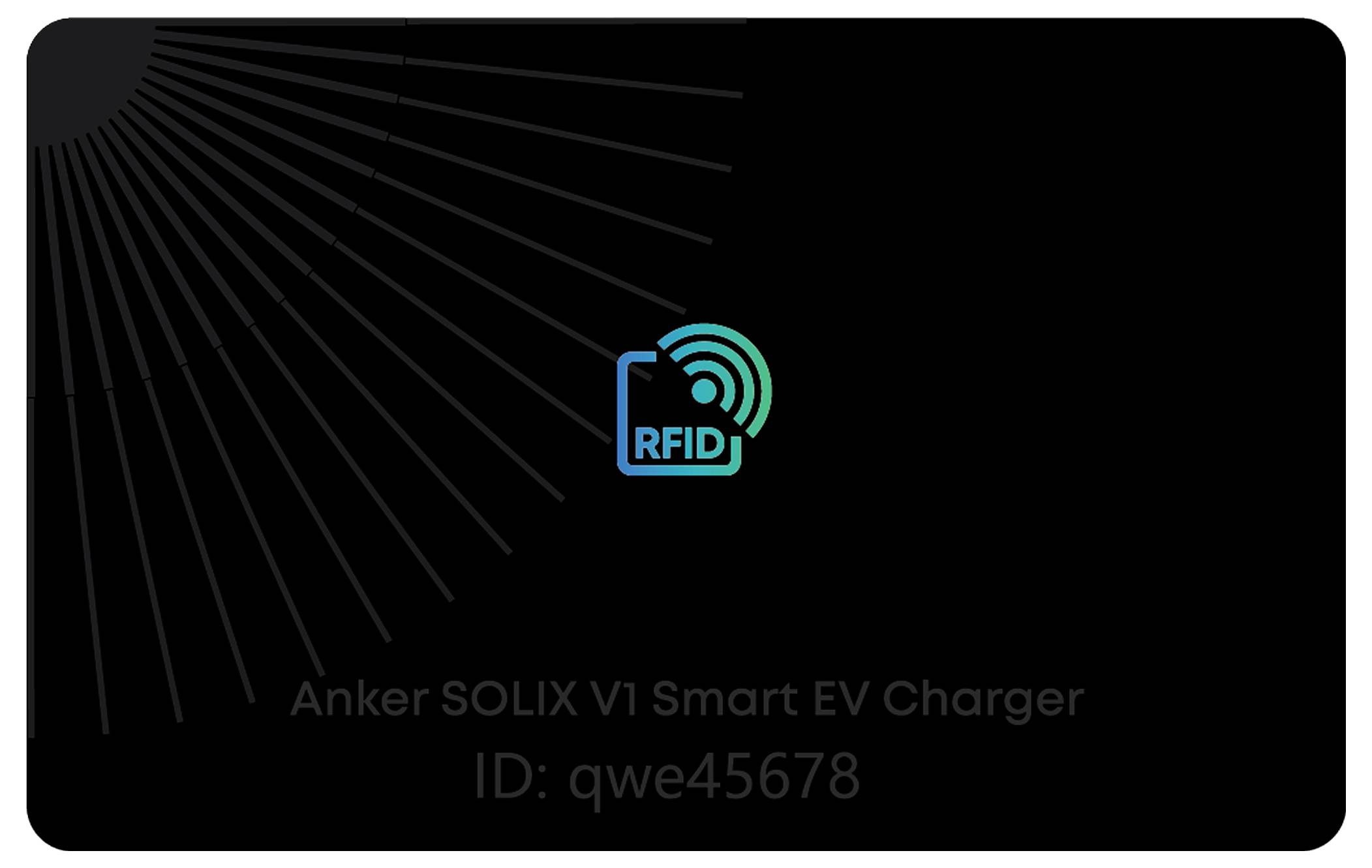 Čierna karta nabíjačky Anker SOLIX V1 pre elektrické vozidlá so symbolom RFID v strede. Identifikátor: 'ID: qwe45678'.
