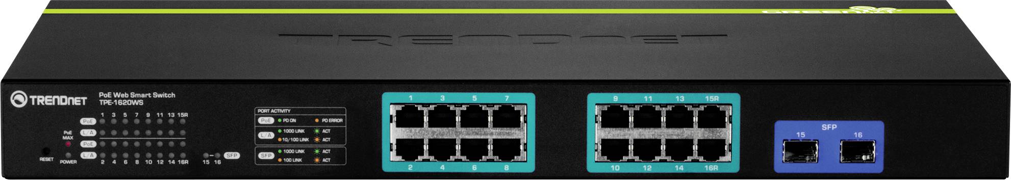 Čierny a tyrkysový sieťový prepínač s 12 ethernetovými portami a 2 optickými vláknami. Názov značky na ľavej strane a LED indikátory.