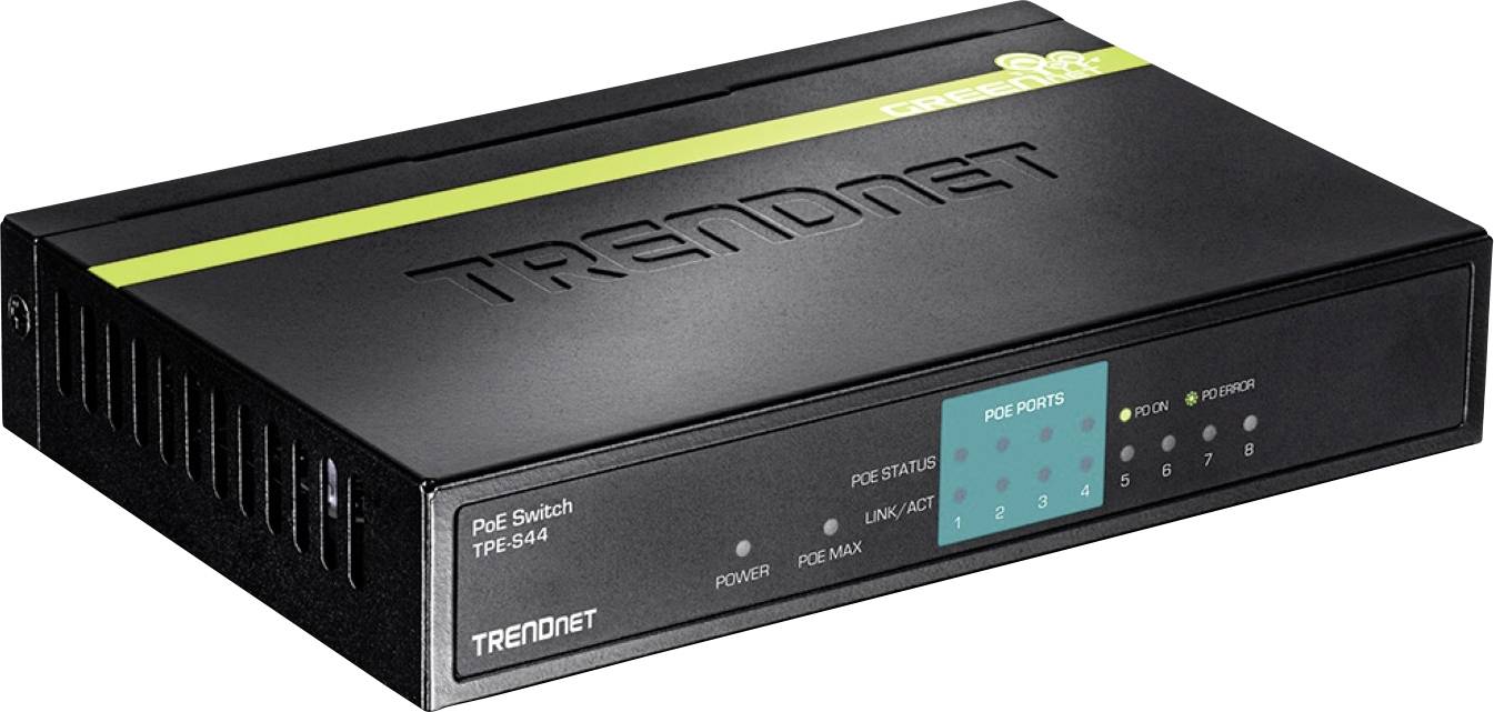 Čierny TRENDnet PoE switch označený štítkom 'TPE-S44' s indikačnými svetlami a popiskami portov na prednom paneli pre sieťové pripojenie.