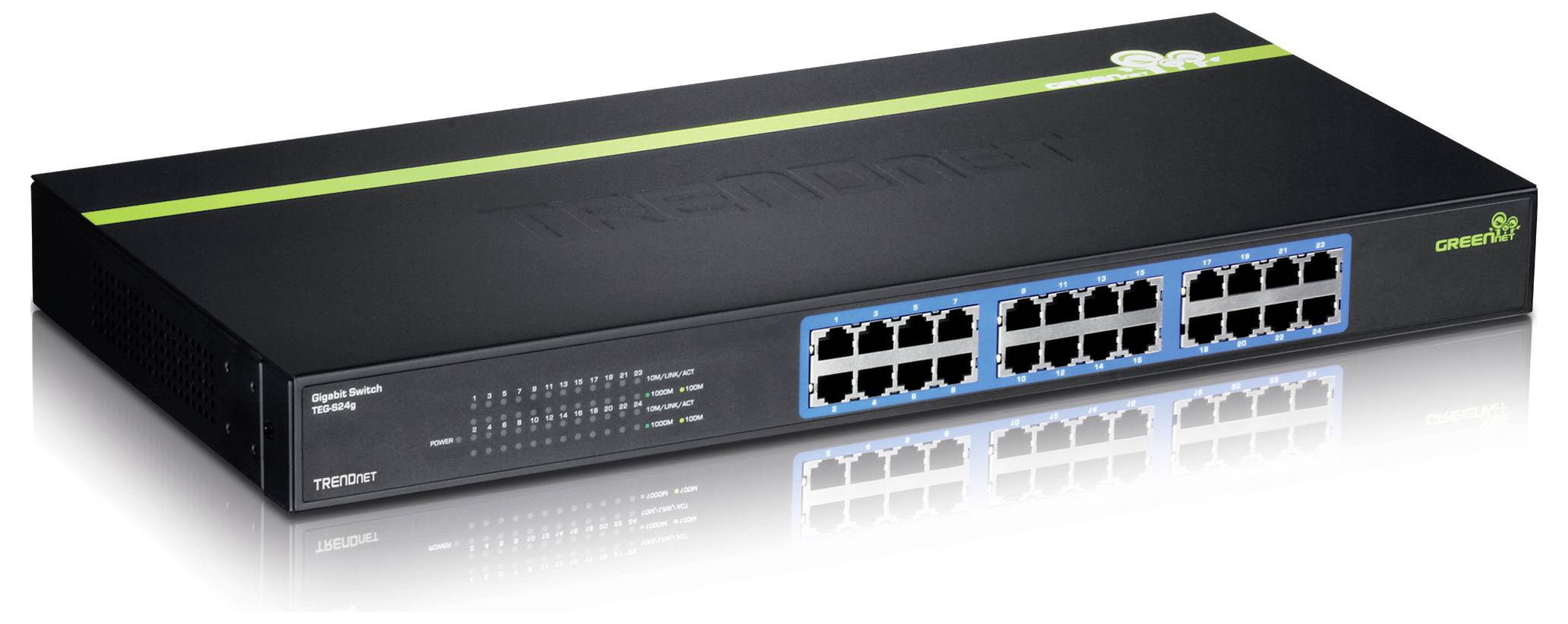 Štíhly čierny ethernetový prepínač s 16 portami a indikačnými svetlami, navrhnutý na zlepšenie sieťových pripojení v kanceláriách alebo domoch.