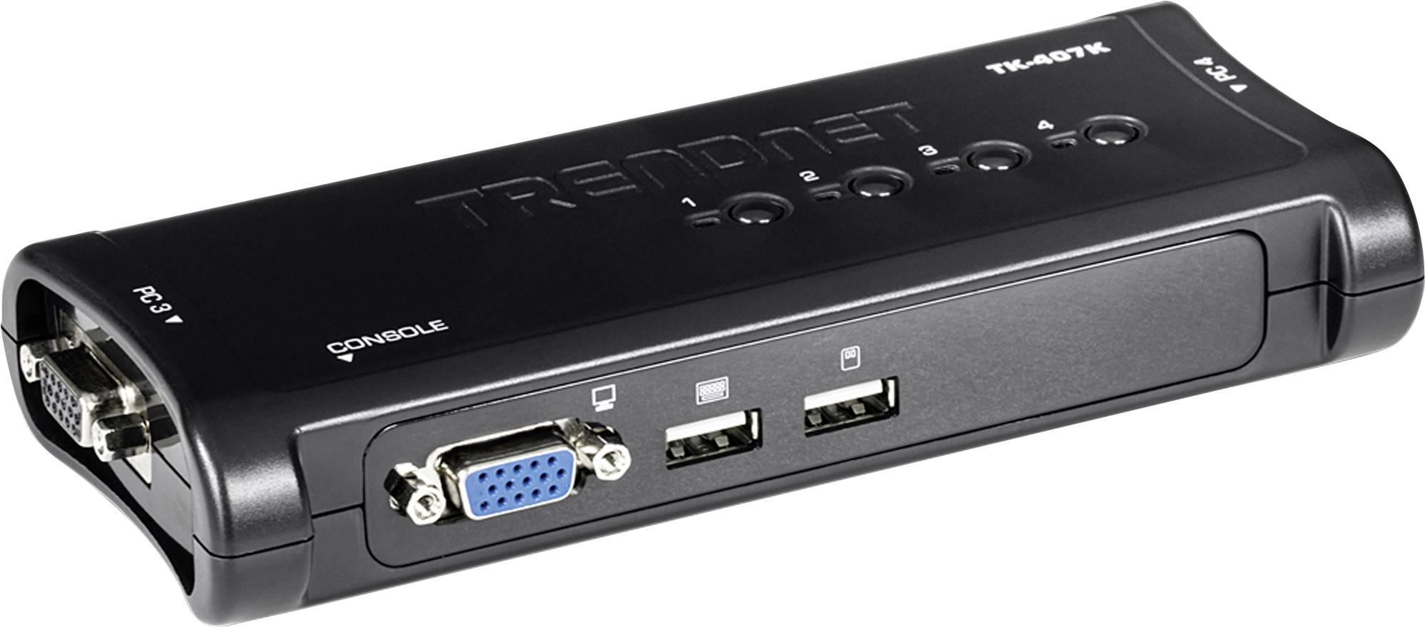 Čierny KVM prepínač s VGA, USB a konzolový portami, označený názvom 'TRENDnet'. Prepína medzi zariadeniami pomocou tlačidiel na zariadení.