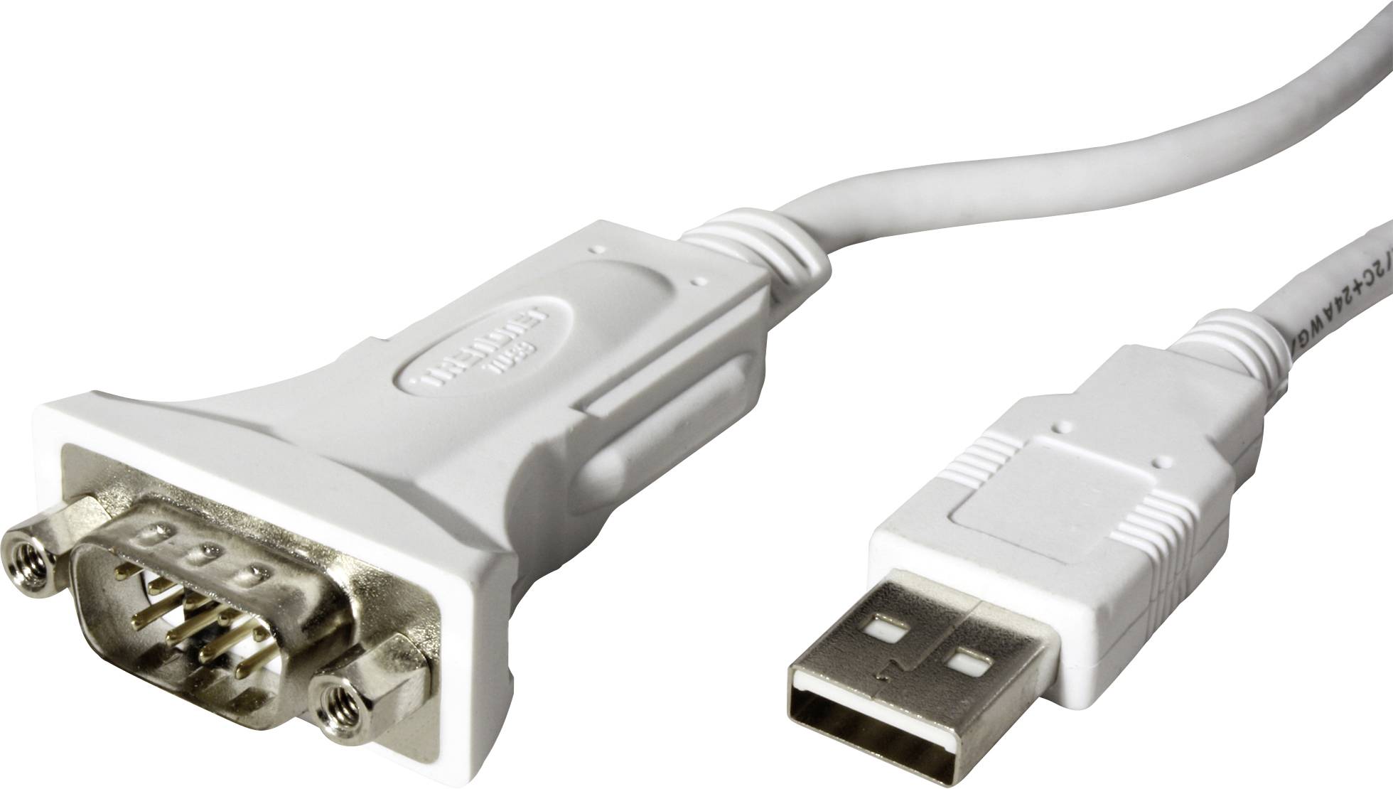 Biely USB na sériový port adaptér s USB konektorom na jednom konci a 9-pinovým sériovým konektorom na druhom konci, používaný na pripájanie zariadení.