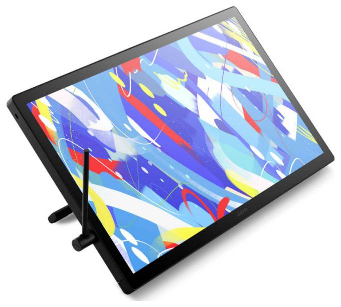 Digitálny kresliaci tablet so stylusom odpočívajúcim na jeho stojane, zobrazujúci živé abstraktné umenie v modro-žlto-červených vírivých tvaroch.