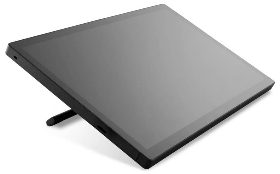 Grafický tablet v čiernej farbe s displejom je zobrazený pod uhlom. Pero je umiestnené pod tabletom, ktorý je podopretý stojanom.