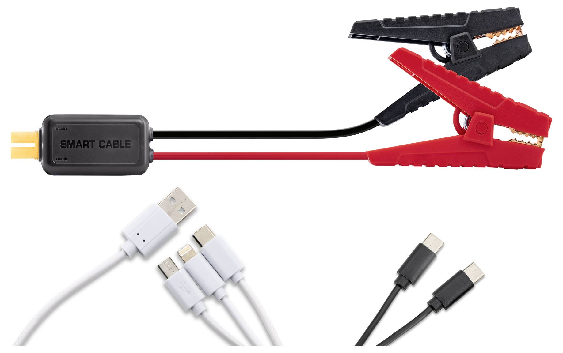 Štartovacie káble označené ako 'Smart Cable' s červenými a čiernymi svorkami, vedľa USB káblov s rôznymi konektormi.