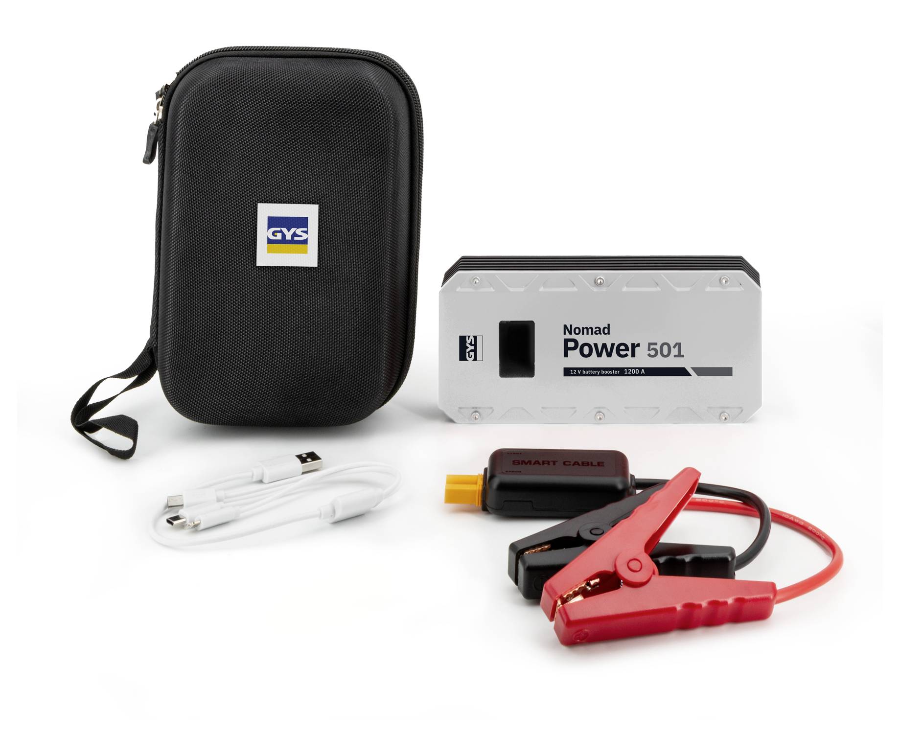Prenosná sada na štartovanie auta vrátane zariadenia Nomad Power 501, prepravného obalu, USB kábla a štartovacích káblov so svorkami.