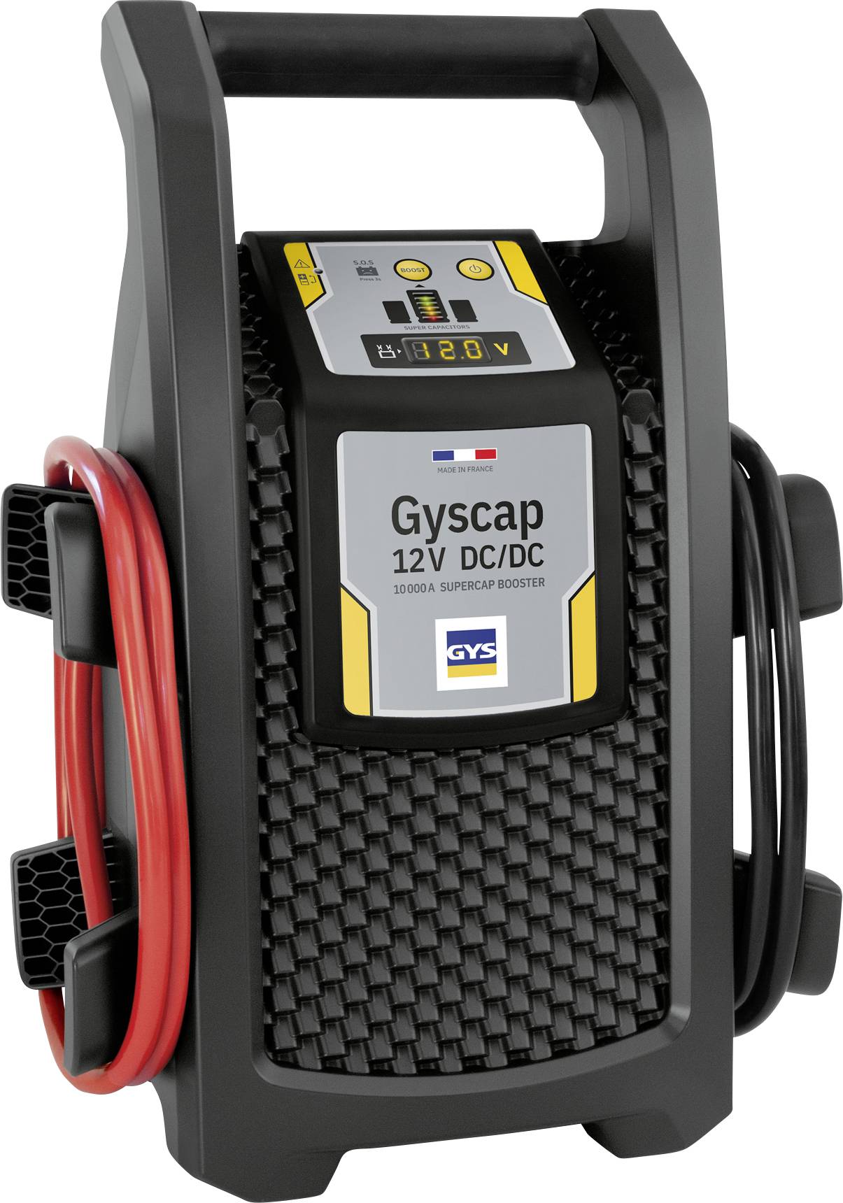 Prenosný štartér batérie s digitálnym displejom, označený ako 'Gycap 12V DC/DC', disponuje červenými a čiernymi káblami pre pripojenie batérie.