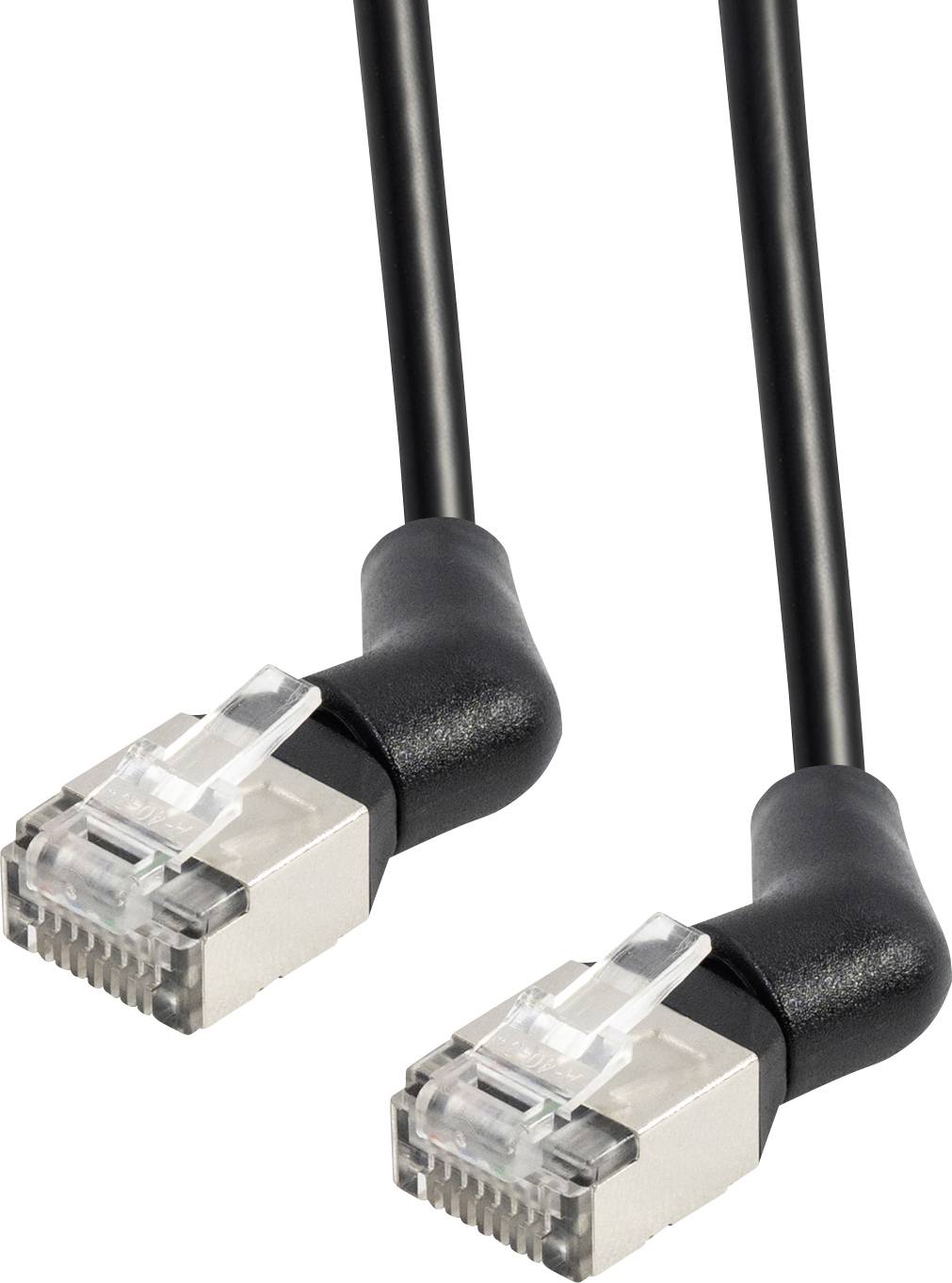 Dva uhlové čierne ethernetové káble s priehľadnými konektormi, používané na sieťové pripojenia.