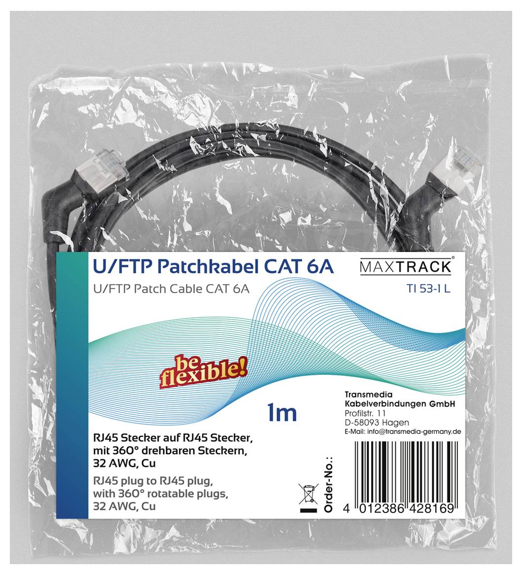 1-metrový U/FTP patch kábel CAT 6A s konektormi RJ45, zabalený. Štítok obsahuje názov spoločnosti, flexibilný! slogan a kontaktné informácie.