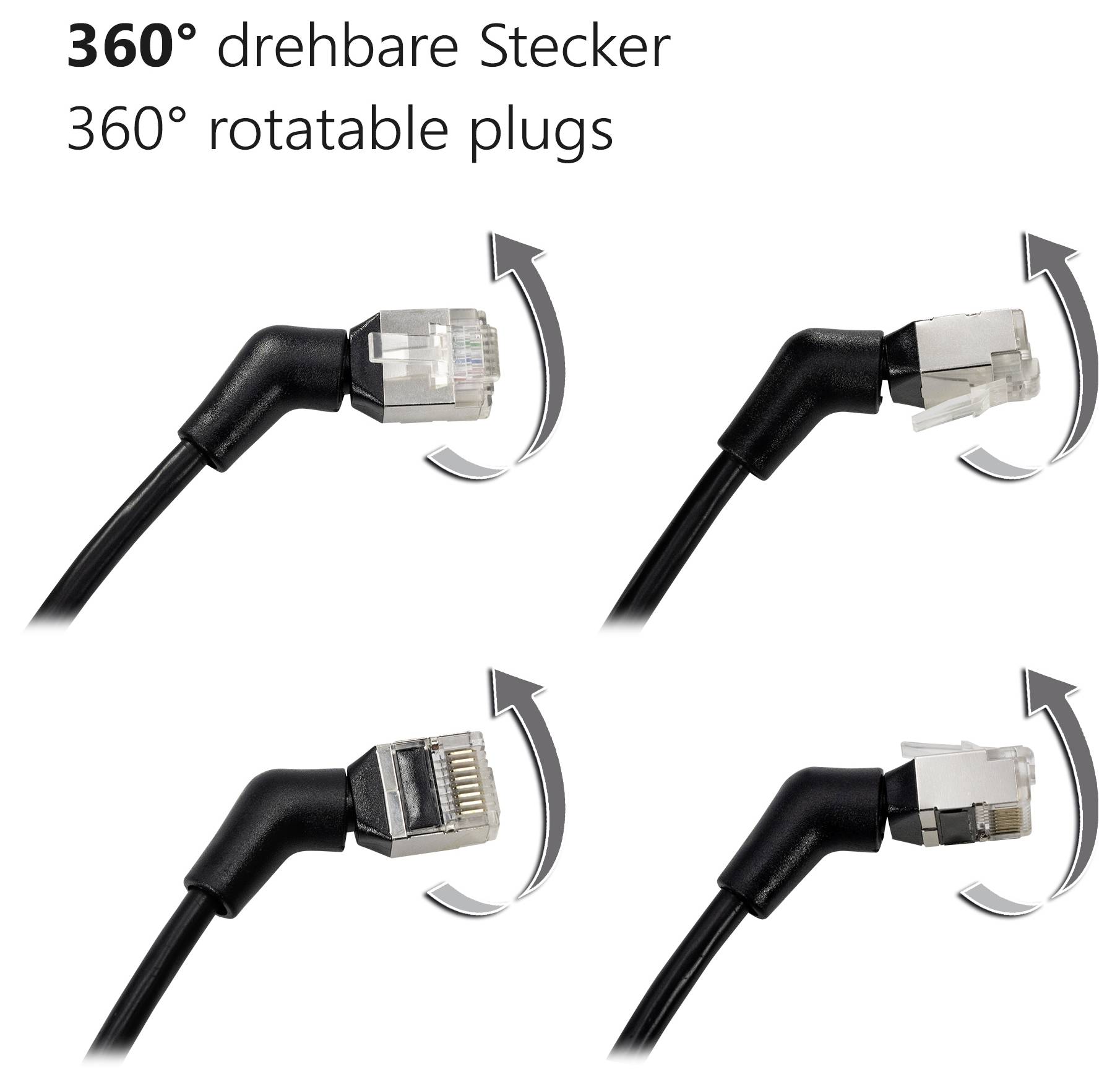 Zástrčky „otočné o 360°" sú zobrazené vo štyroch polohách, čo ilustruje ich flexibilitu pri pripájaní.