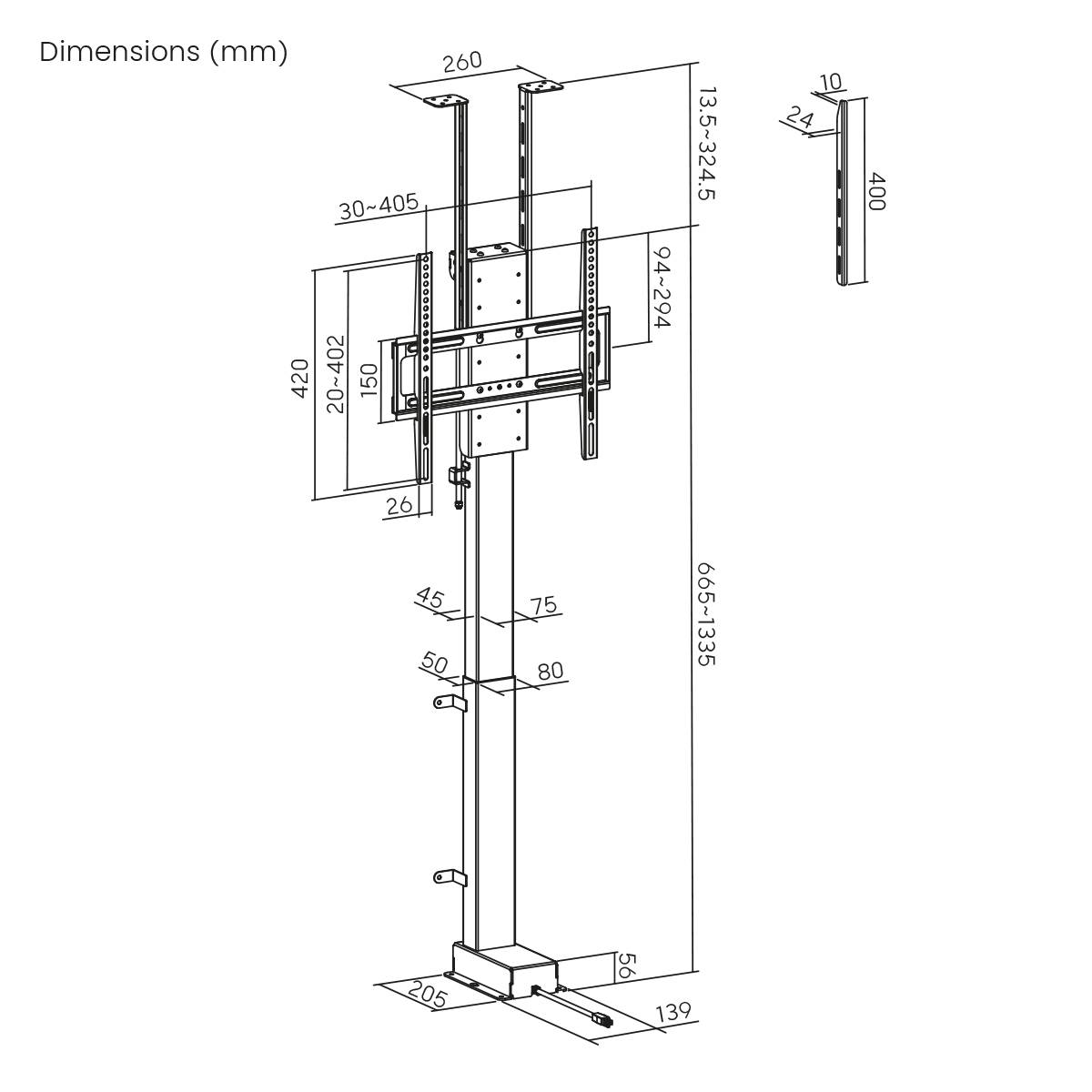 Montážny diagram držiaka na televízor od podlahy po strop, znázorňujúci rôzne rozmery a komponenty. Kľúčové merania sú označené v milimetroch.