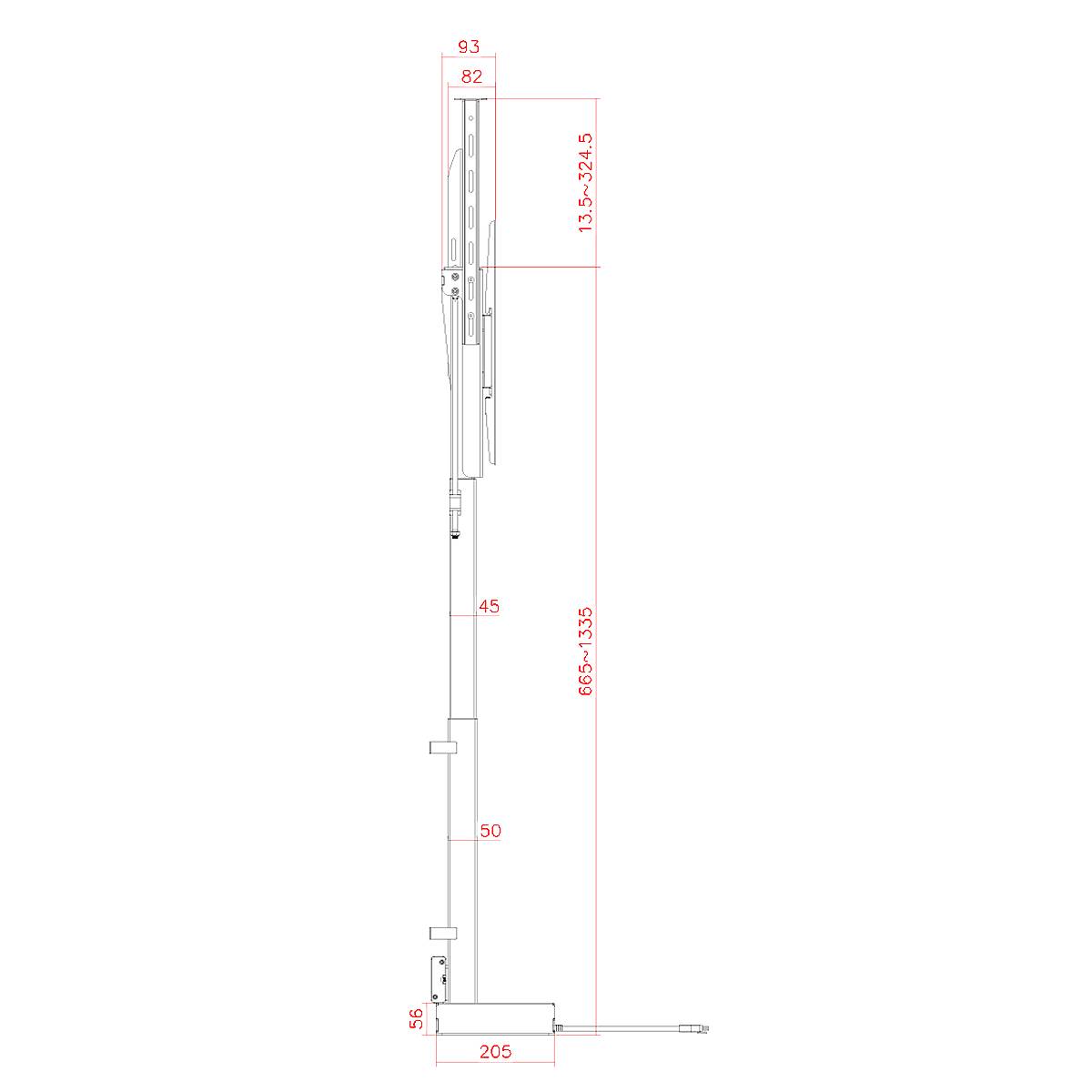 Technický diagram vertikálne nastaviteľného stojana s rozmermi: horná výška 152,5-249,5 jednotiek, stredná sekcia 665-1325, základňa 205.