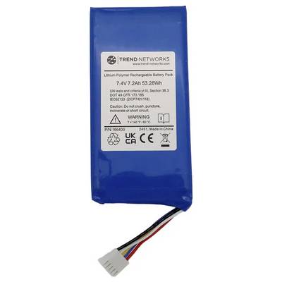 Modrý lithium-polymérový nabíjateľný akumulátor označený špecifikáciami: '7.4V 7.2Ah 53.28Wh,' spolu s bezpečnostnými upozorneniami a výrobnými údajmi.