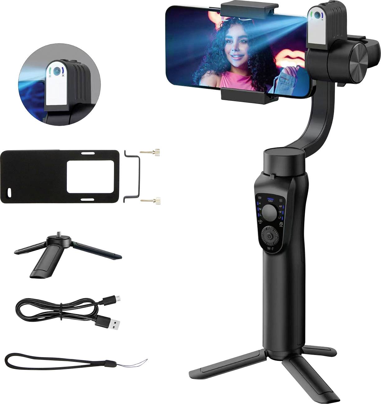 Smartfónový gimbal so statívom, USB káblami a držiakom na telefón. Na displeji telefónu je zobrazená osoba, čo ilustruje použitie gimbalu.