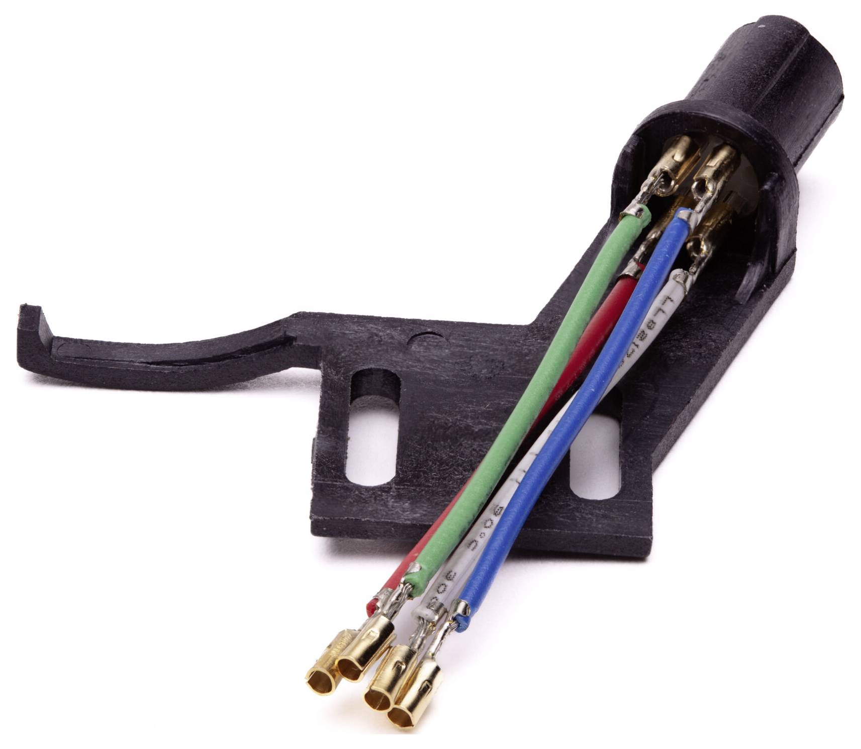 Elektrický konektor so štyrmi farebnými vodičmi (červená, zelená, modrá, čierna) a zlatými konektormi, pripevnený k čiernemu plastovému krytu.