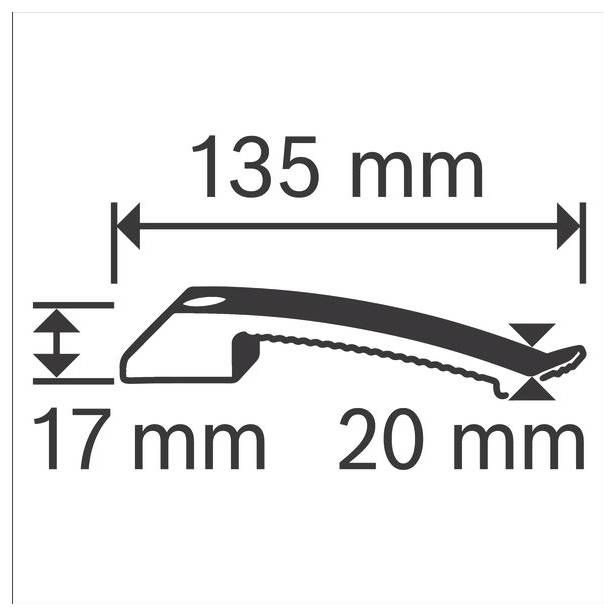 Diagram plochého objektu s rozmermi: 135 mm dĺžka, 17 mm šírka a 20 mm sekcia.