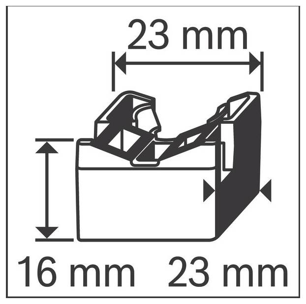 23 mm široký a 16 mm vysoký prierez konzoly alebo spony s výrezmi, vhodný pre technickú alebo konštrukčnú špecifikáciu.