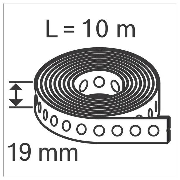 Kotúč pásky s textom 'D = 10 m' a '19 mm', znázorňujúci dĺžku pásky 10 metrov a šírku 19 milimetrov.