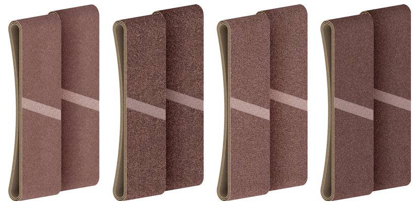 Štyri poskladané brúsne papiere, každý s diagonálnym pruhom, usporiadané v rade.