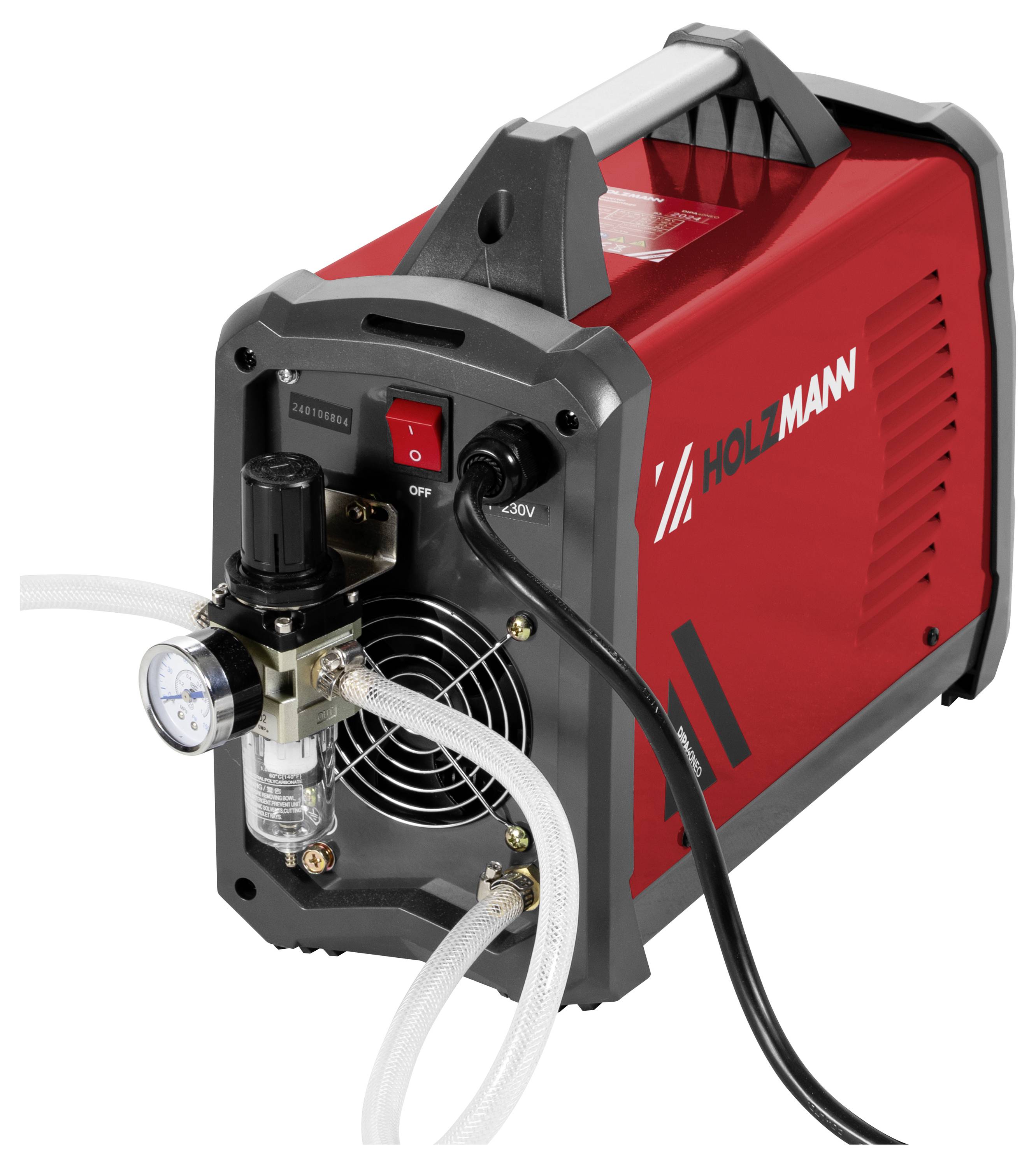 Červený a sivý priemyselný stroj s rukoväťou, vybavený tlakovým meradlom, vypínačom a označený značkou 'Holzmann'.