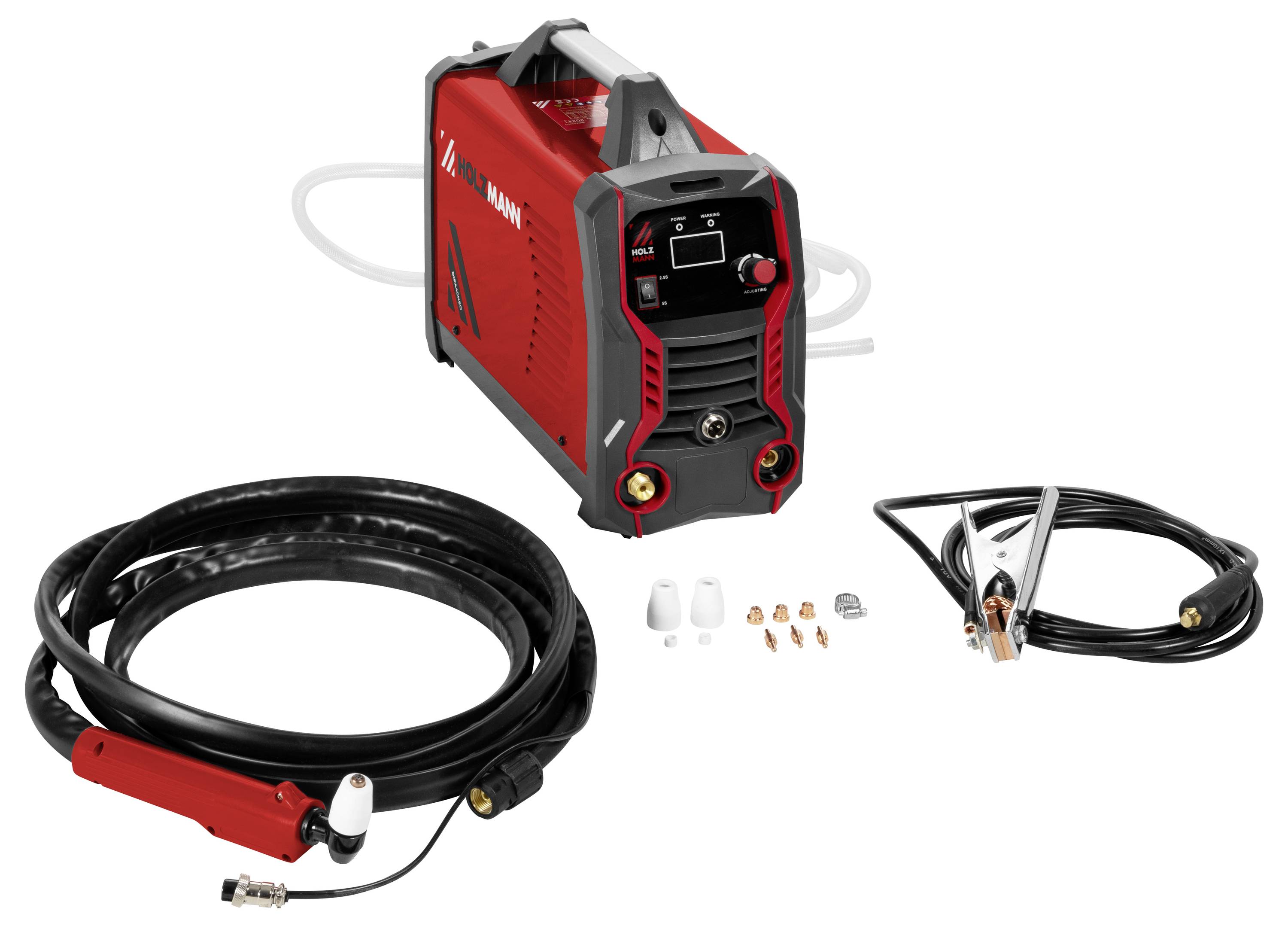 Červený a čierny zvárací stroj s káblami, rezacím horákom a príslušenstvom. Obsahuje napájacie a ovládacie rozhrania na prednom paneli.