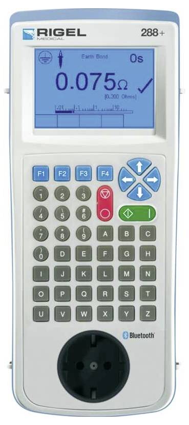 Prenosný elektrický tester bezpečnosti 'RIGEL 288+' zobrazuje na displeji meranie odporu uzemnenia 0,075 Ohmov.
