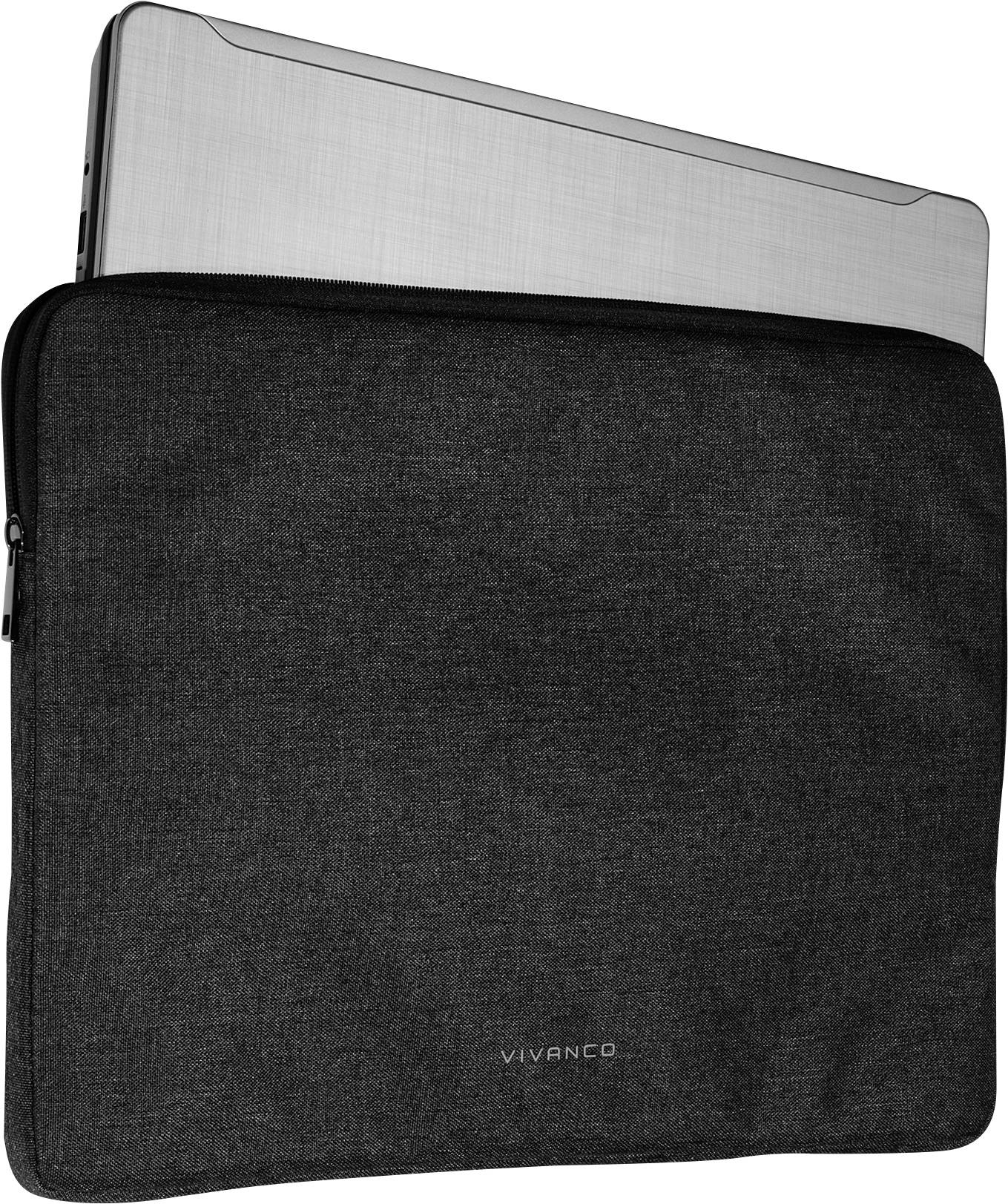 Čierne púzdro na notebook so zipsom, označené 'VIVANCO', čiastočne zakrývajúce strieborný notebook.
