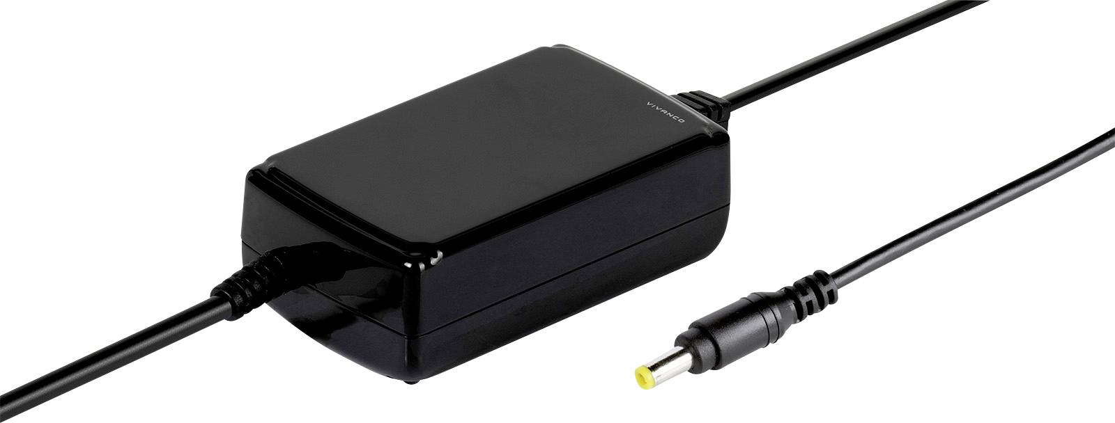 Čierny obdĺžnikový napájací adaptér s pripojeným káblom a konektorom so žltým hrotom, používaný na nabíjanie elektronických zariadení.