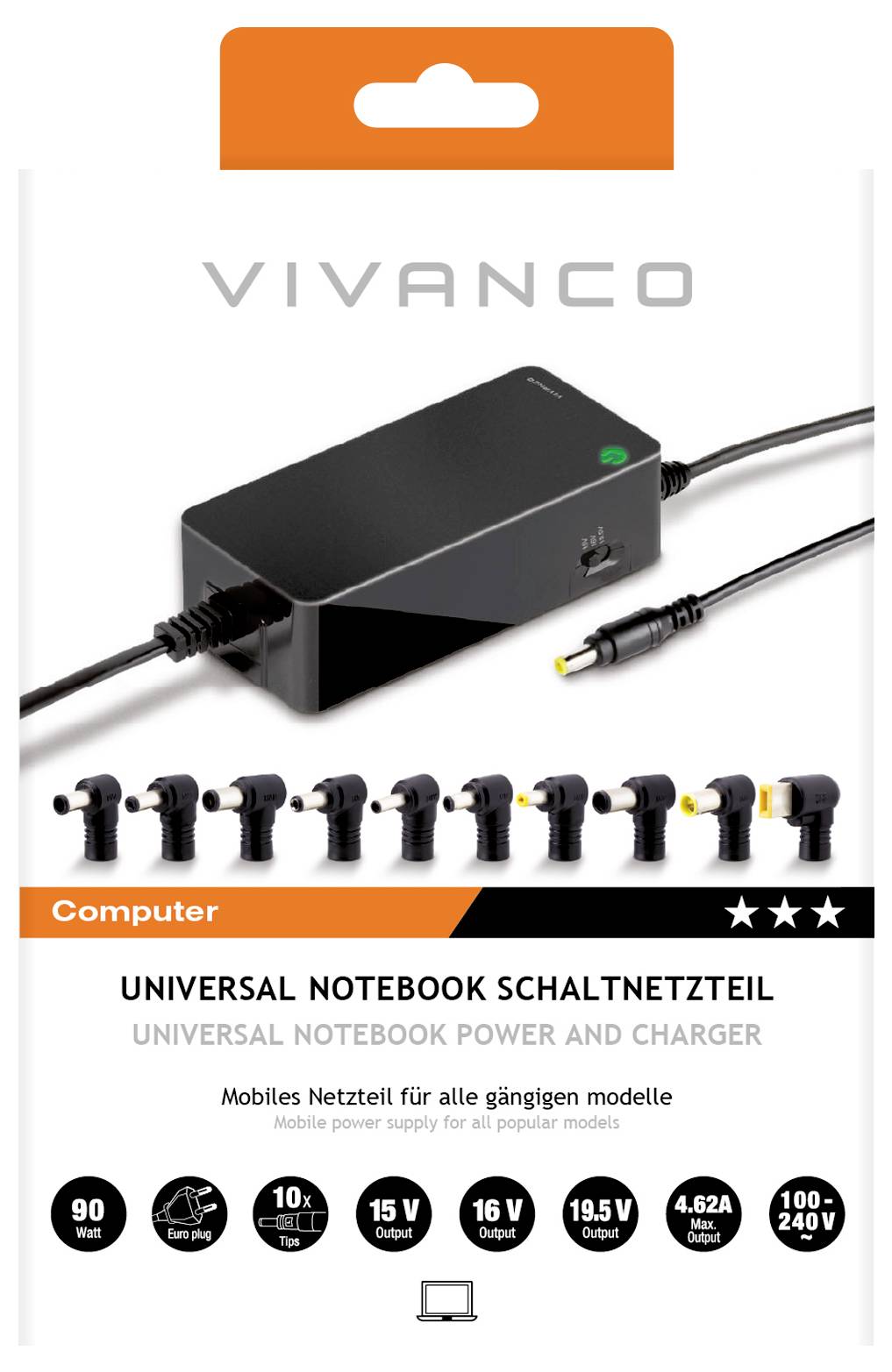 Univerzálny notebookový napájací adaptér a nabíjačka od Vivanco s viacerými adaptérmi pre kompatibilitu s rôznymi modelmi notebookov.