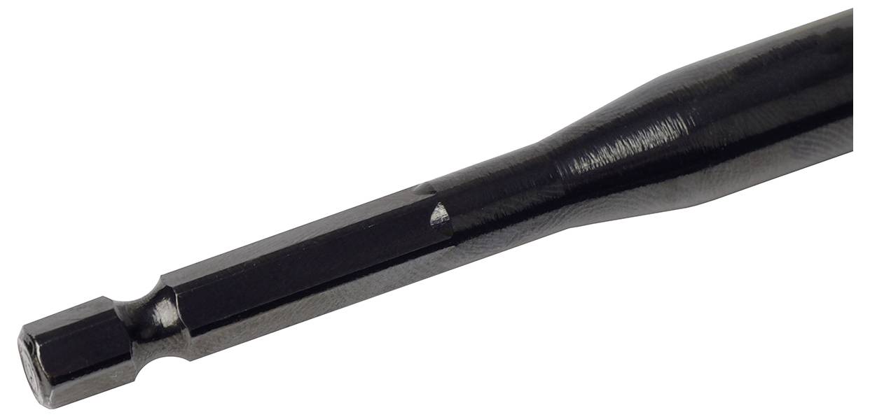 Detailný záber čierneho kovovej skrutkovacej hrotu s šesťhrannou hlavou a valcovým driekom, ktorý sa bežne používa na zaskrutkovanie skrutiek.